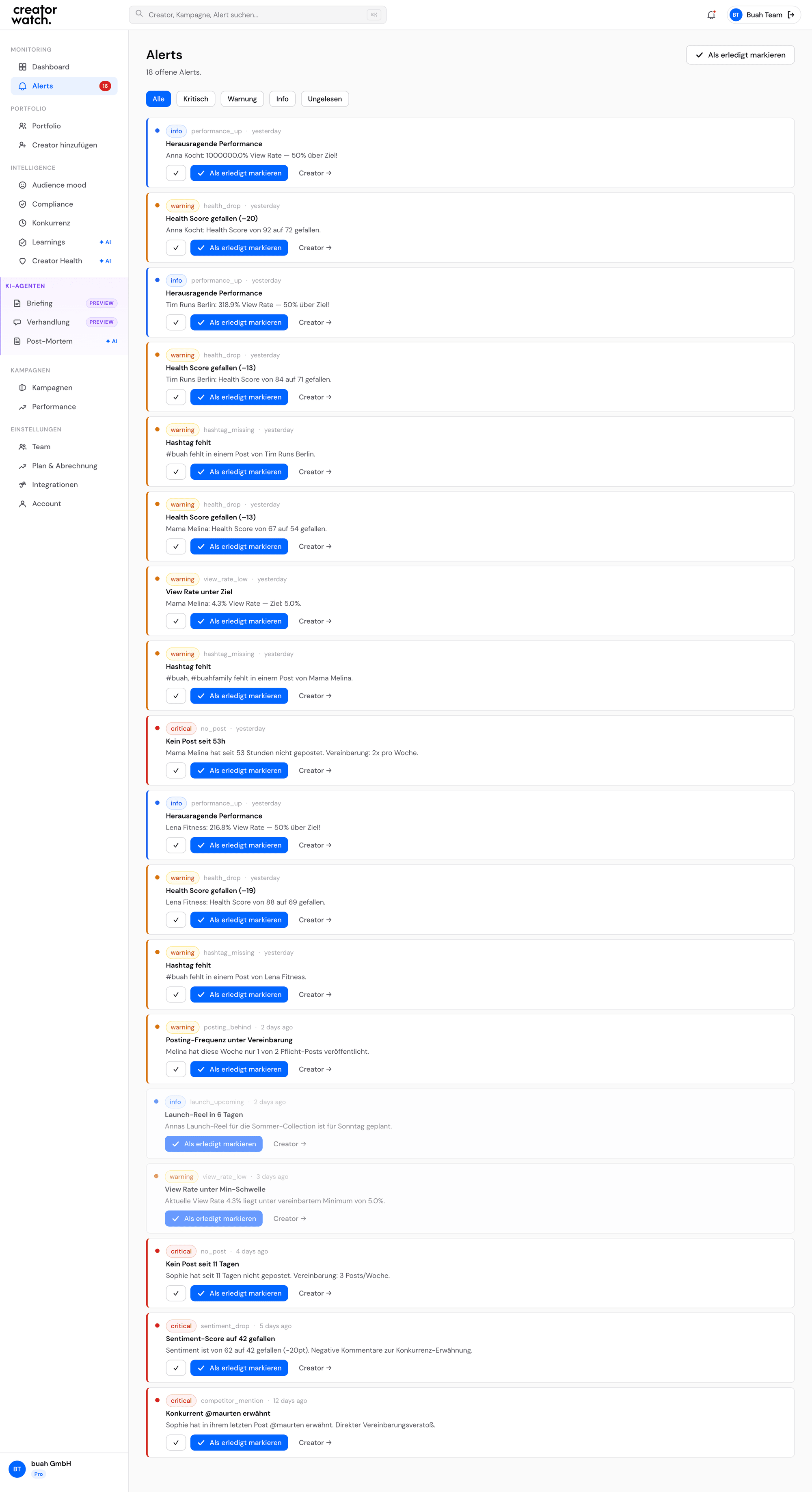 Alert center listing recent compliance and audience-mood alerts with severity badges.